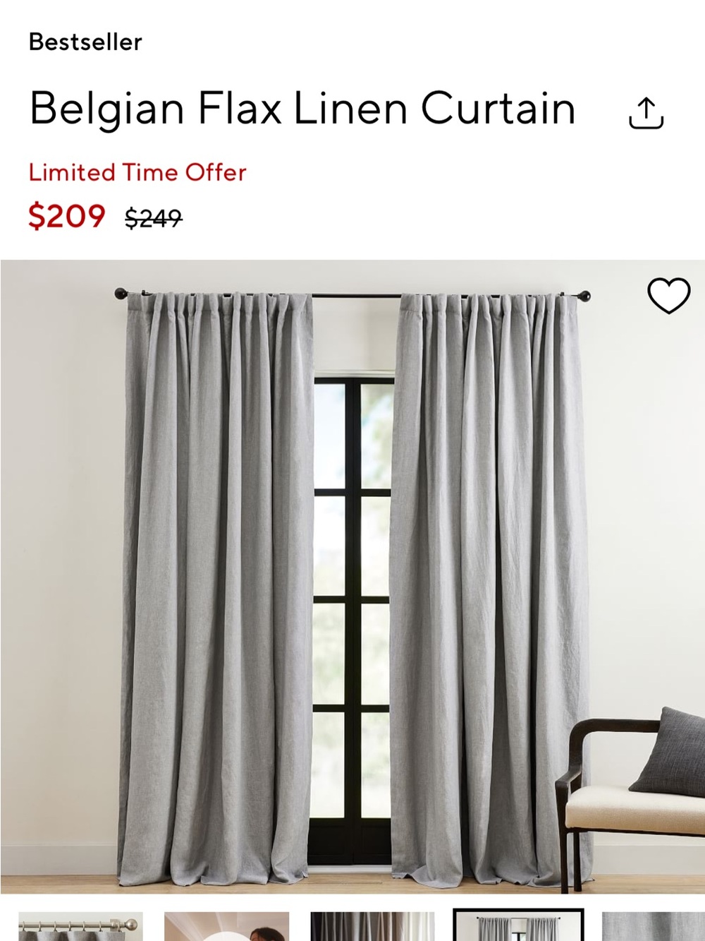 Pottery Barn Belgian Flax Linen Curtain —  Gray set off 2 drapes
